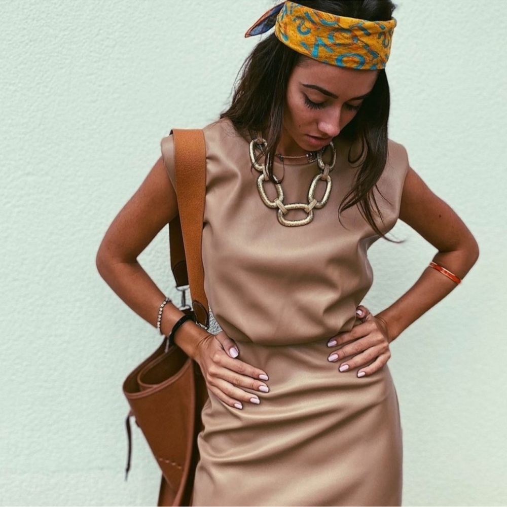 ZARA Faux Leather Padded Shoulder Mini Dress Womens Brown Sleeveless Size Large - Picture 4 of 15